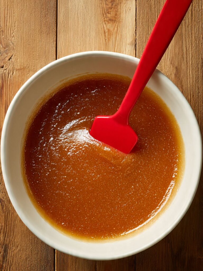 Melted butter and brown sugar combined in a large mixing bowl, glossy amber mixture, silicone spatula resting in bowl