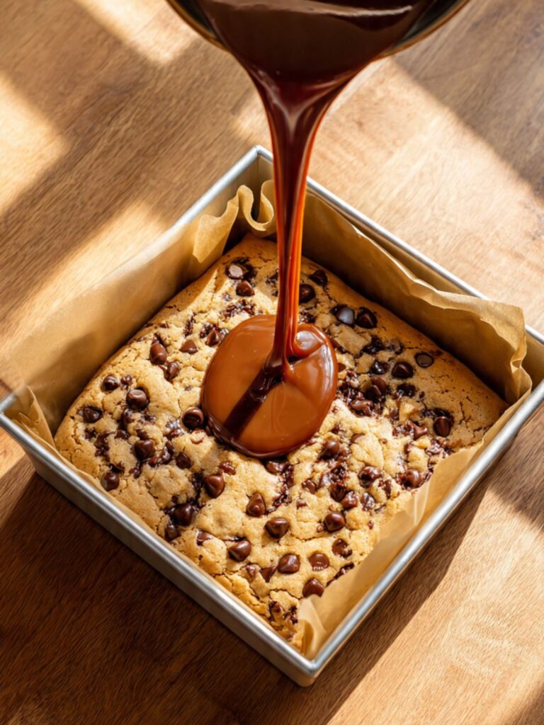 Amber caramel poured over baked chocolate chip cookie base layer in a parchment-lined square pan