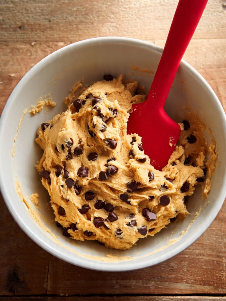 Thick chocolate chip cookie bar dough in a large mixing bowl with semi-sweet chocolate chips folded throughout, ready to press