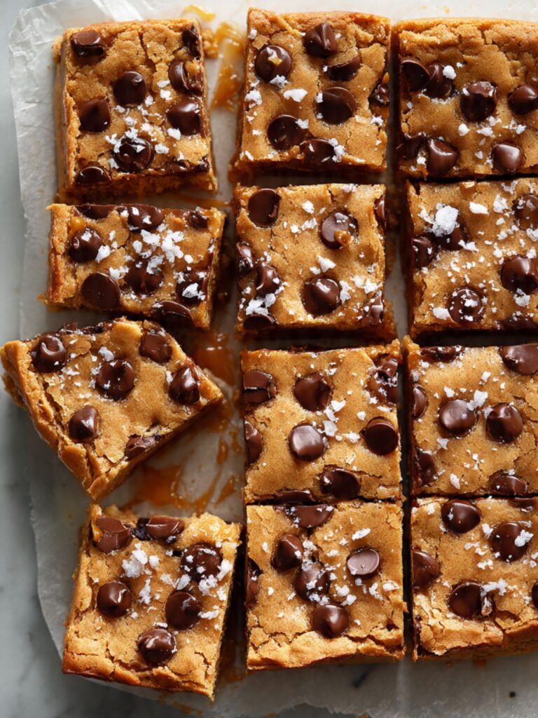 Salted caramel chocolate chip cookie bar slab on unbleached parchment ready to cut, flaked sea salt on top
