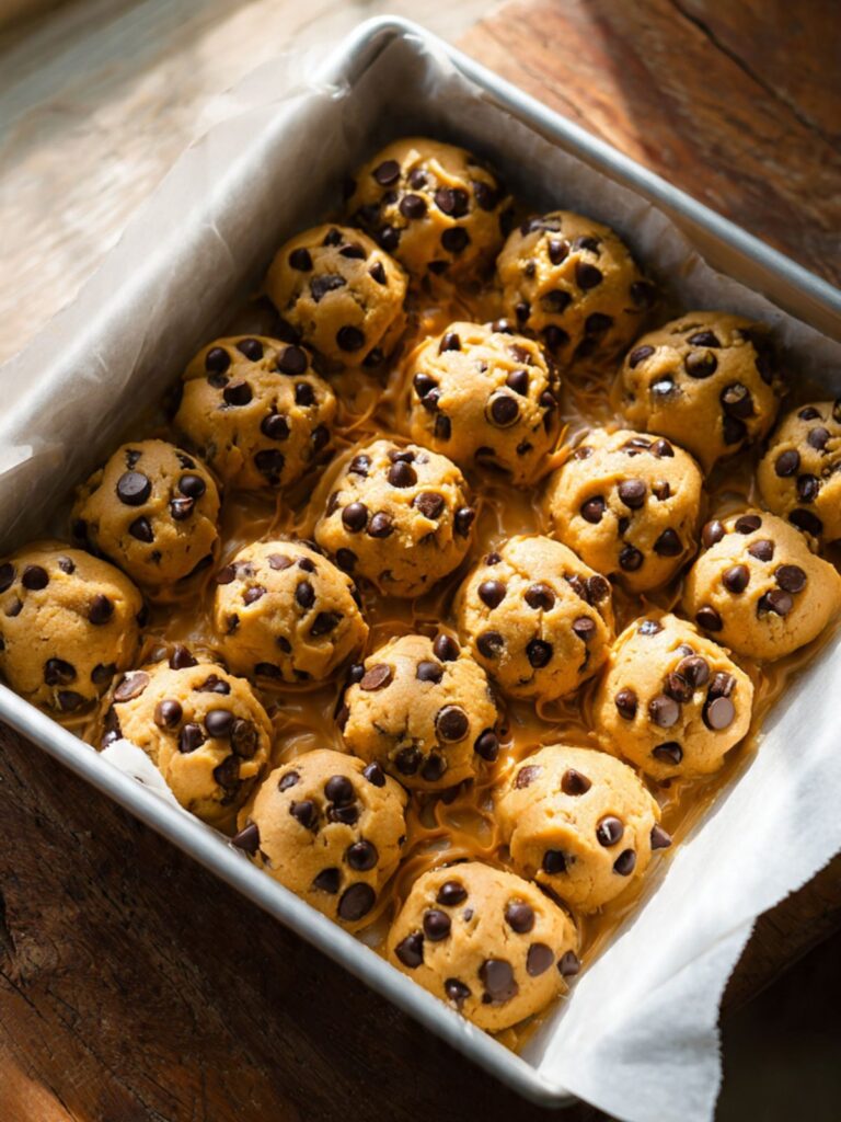 Tablespoon pieces of chocolate chip cookie dough dropped over a glossy caramel layer in a parchment-lined square pan