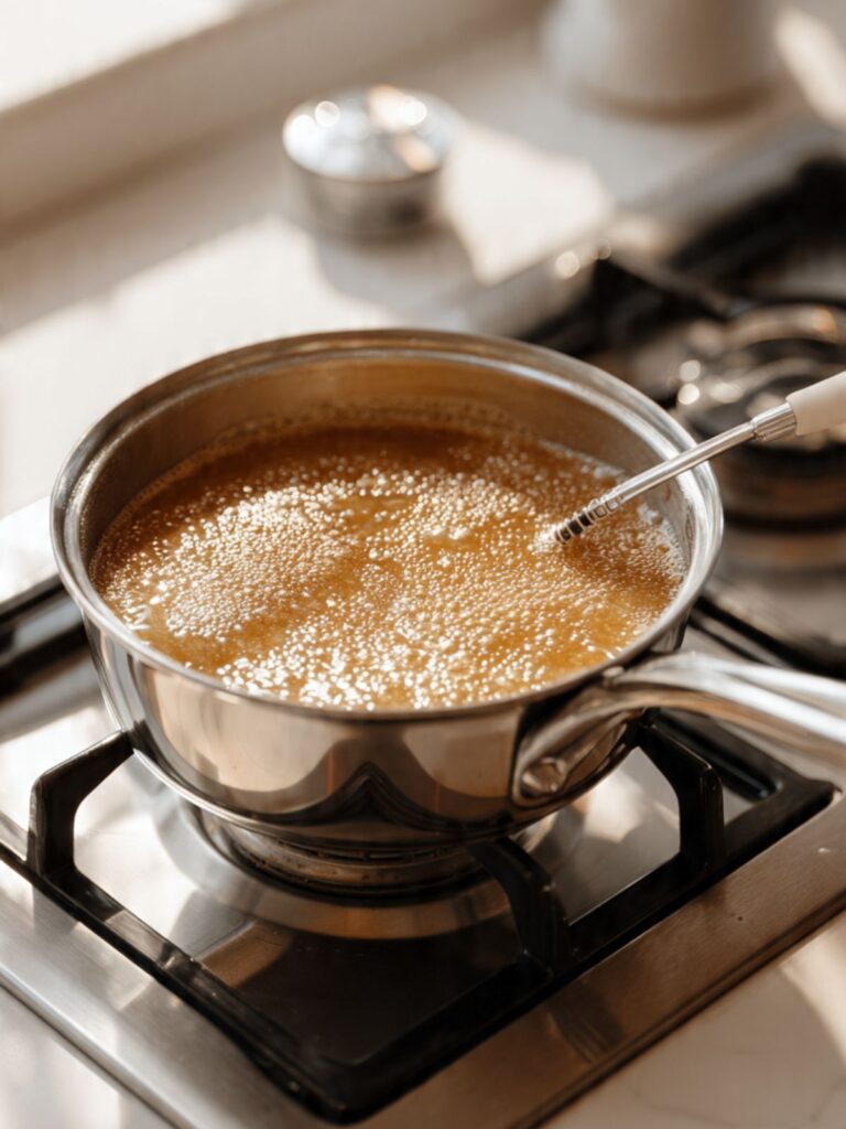 Caramel binder for samoas cookies cooking in a saucepan with candy thermometer clipped to the side showing soft-ball stage