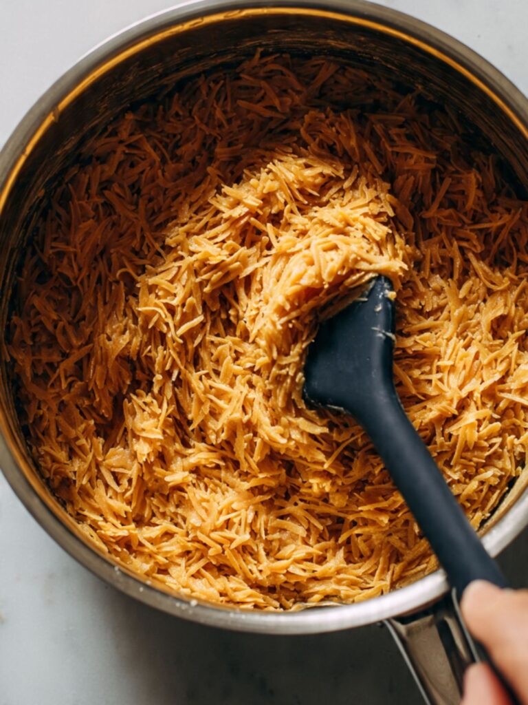 Sweetened shredded coconut being folded into soft-ball stage caramel in a saucepan with a silicone spatula