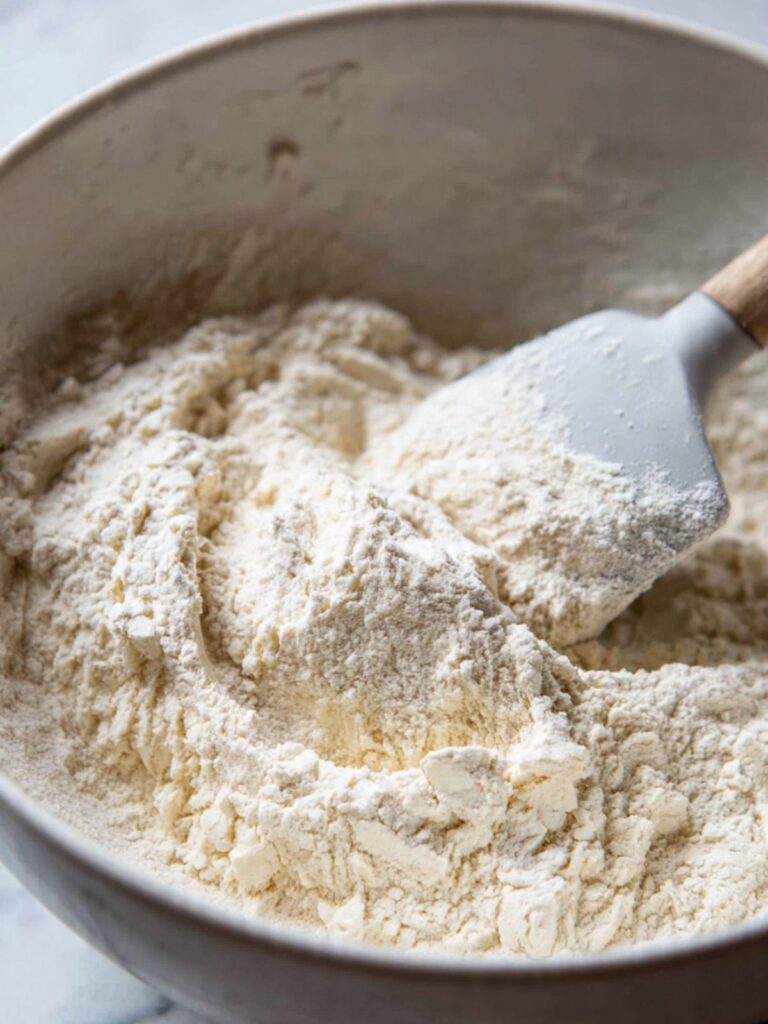 All-purpose flour being folded into butter mixture forming shortbread cookie dough in a bowl