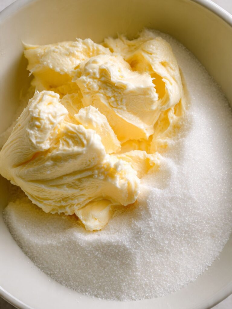 Softened butter and granulated sugar in a large mixing bowl before mixing for shortbread cookies