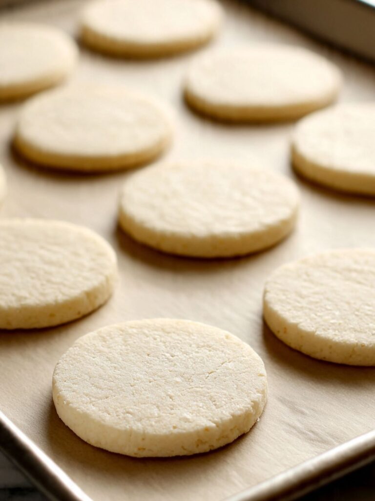 Round shortbread cookies cut and spaced on parchment lined baking sheet before baking