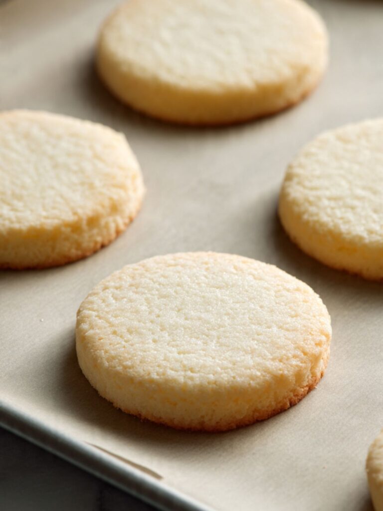 Shortbread cookies fresh from the oven on parchment lined pan with pale tops and golden bottoms