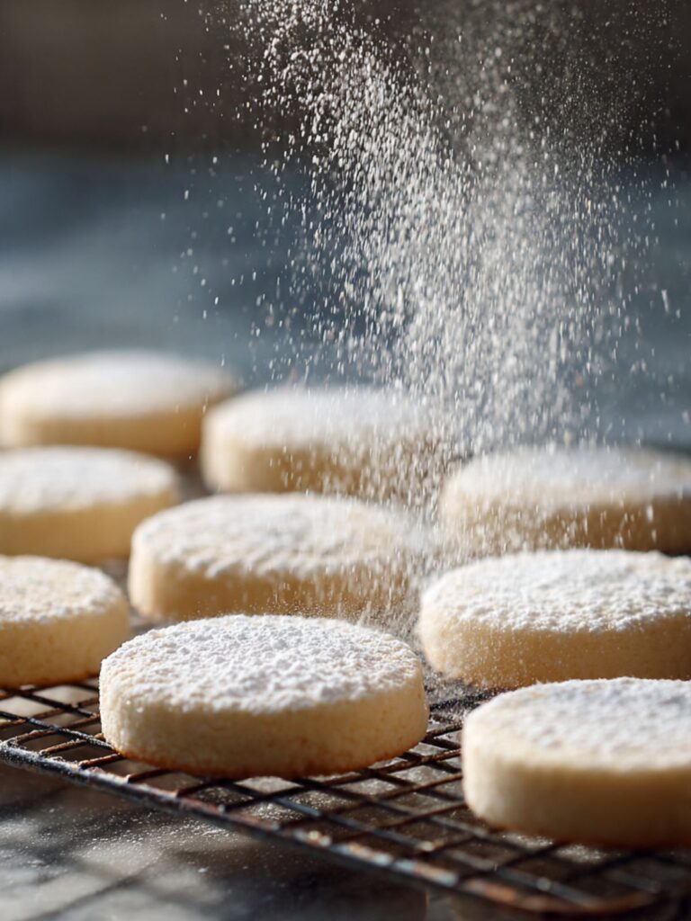 Powdered sugar being sifted over cooled shortbread cookies on a wire rack for finishing