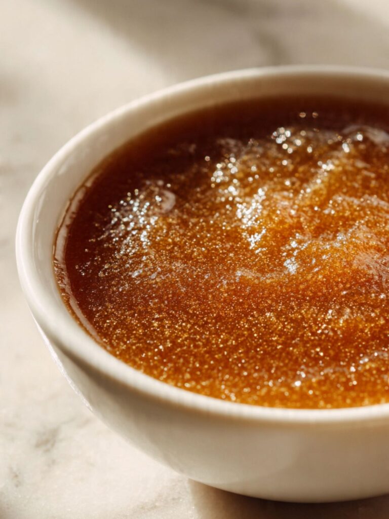 Thick glossy butter and brown sugar mixture in a small white ceramic bowl ready for egg yolk addition