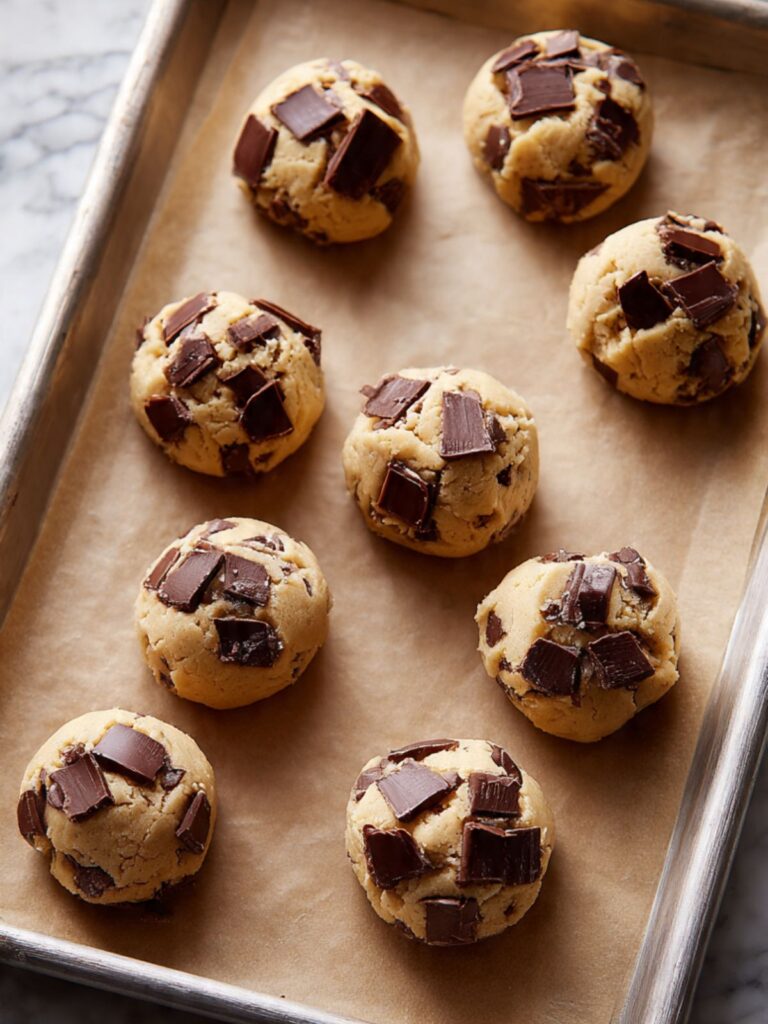 Seven small batch chocolate chip cookie dough balls on parchment-lined baking sheet with dark chocolate chunks pressed on top