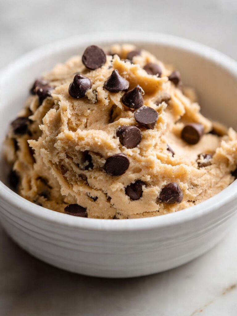 Small batch chocolate chip cookie dough in a white ceramic bowl thick and studded with semi-sweet chocolate chips