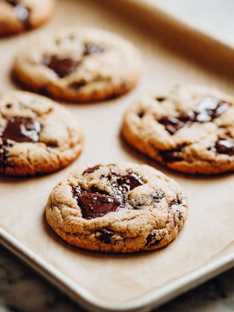 Fresh small batch chocolate chip cookies on parchment pan with golden edges and glossy melted dark chocolate