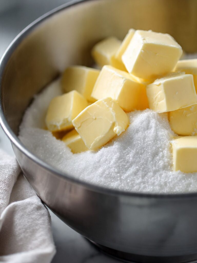 Unsalted butter and granulated sugar in stand mixer bowl before creaming for snickerdoodle cookie dough