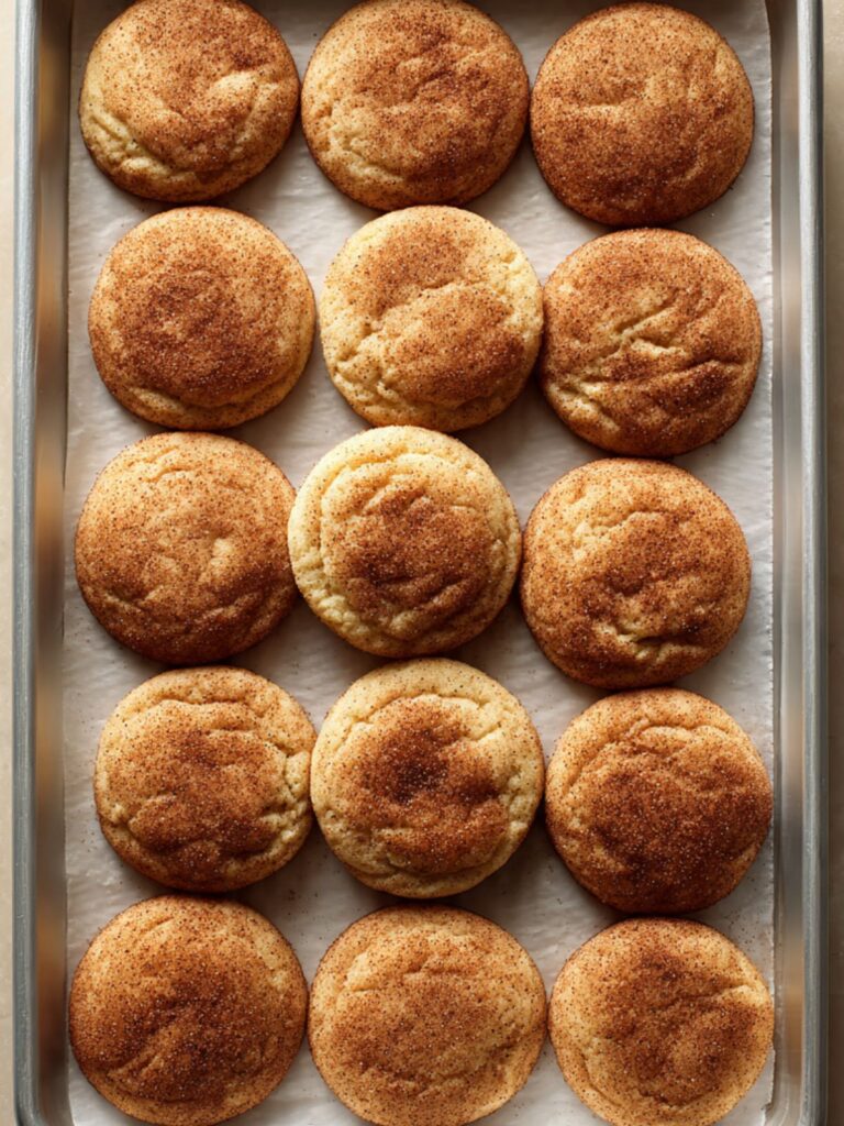 Snickerdoodle cookies fresh out of the oven on parchment lined pan with set edges and soft centers