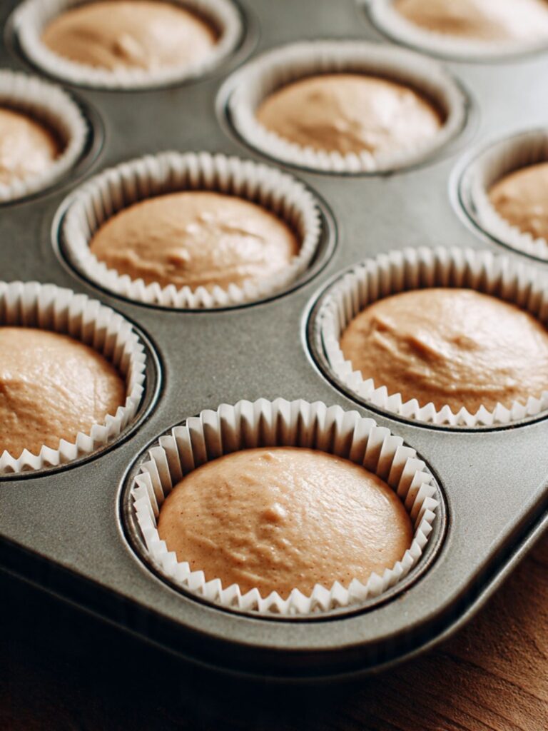 Snickerdoodle cupcake batter filled to two-thirds in a white-lined muffin tin ready to go into the oven