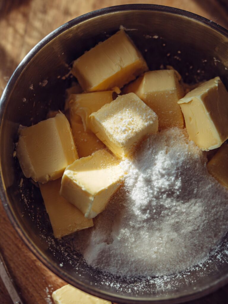 Softened butter and granulated sugar in a stand mixer bowl before creaming for snickerdoodle cupcake batter