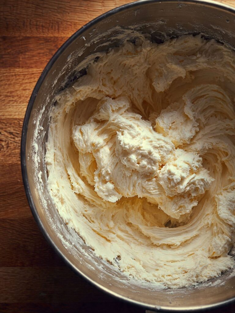 Pale, fluffy creamed butter and sugar in a stand mixer bowl at the correct stage for snickerdoodle cupcake batter