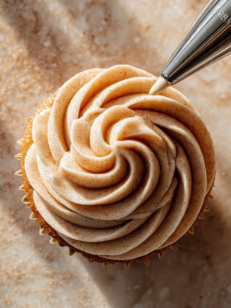 Cinnamon cream cheese frosting being piped in a tall swirl onto a snickerdoodle cupcake with a Wilton 1M tip