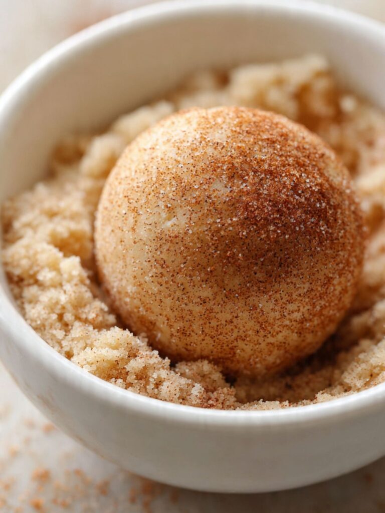 Snickerdoodle dough ball being rolled in cinnamon sugar coating in small white bowl showing even coverage