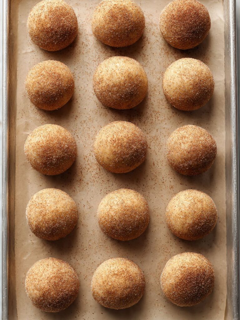 Snickerdoodle cookie dough balls coated in cinnamon sugar arranged on parchment lined baking pan before baking