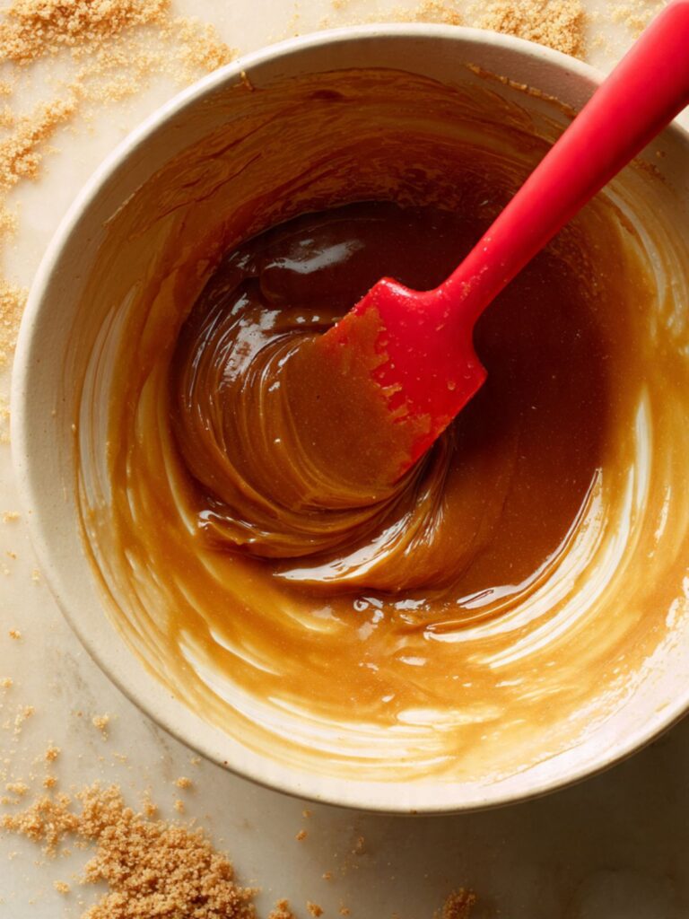 Deep amber butter and brown sugar mixture in large mixing bowl for sourdough chocolate chip cookie bars