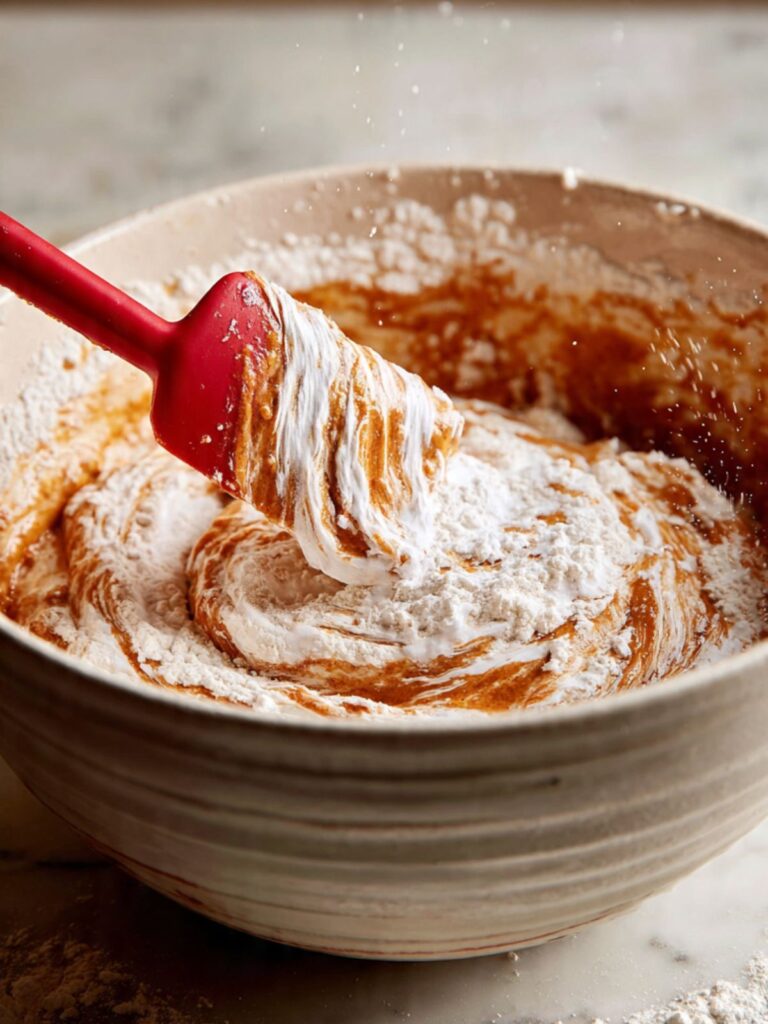 Sourdough discard being folded into cookie bar batter with silicone spatula in large mixing bowl