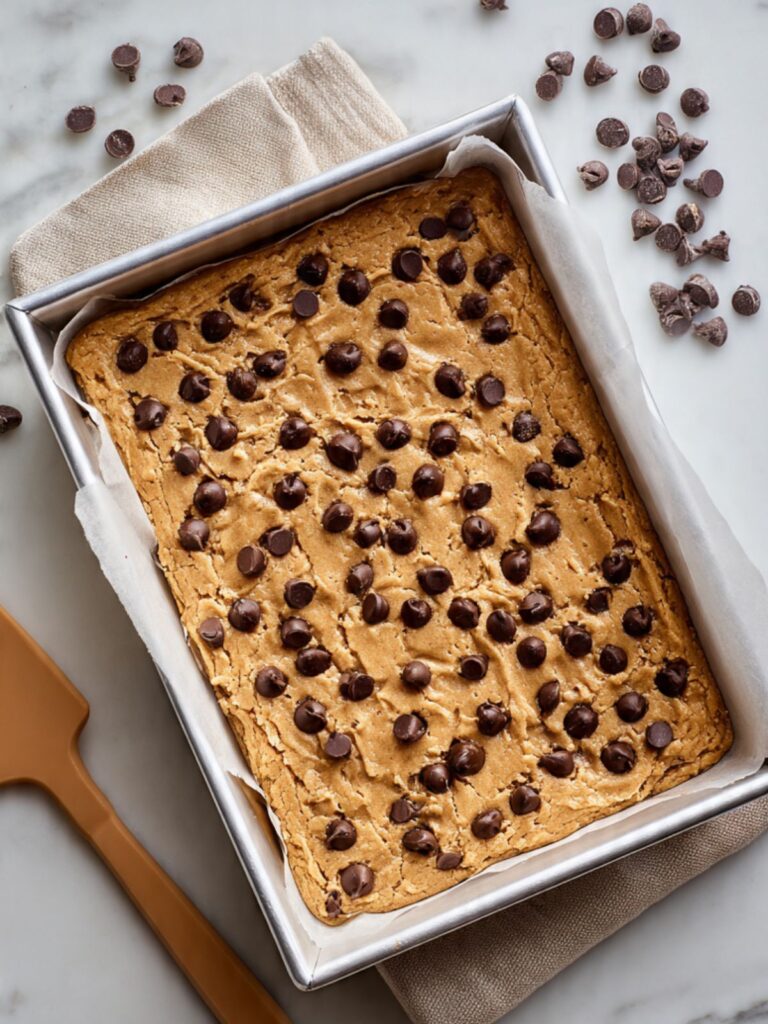 Sourdough chocolate chip cookie bar dough pressed into parchment-lined 9x13 pan with chocolate chips scattered on top surface
