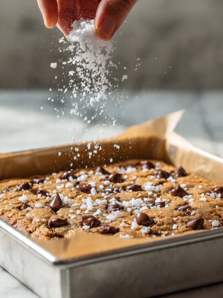 Flaked sea salt being scattered over hot sourdough chocolate chip cookie bars in pan immediately after baking