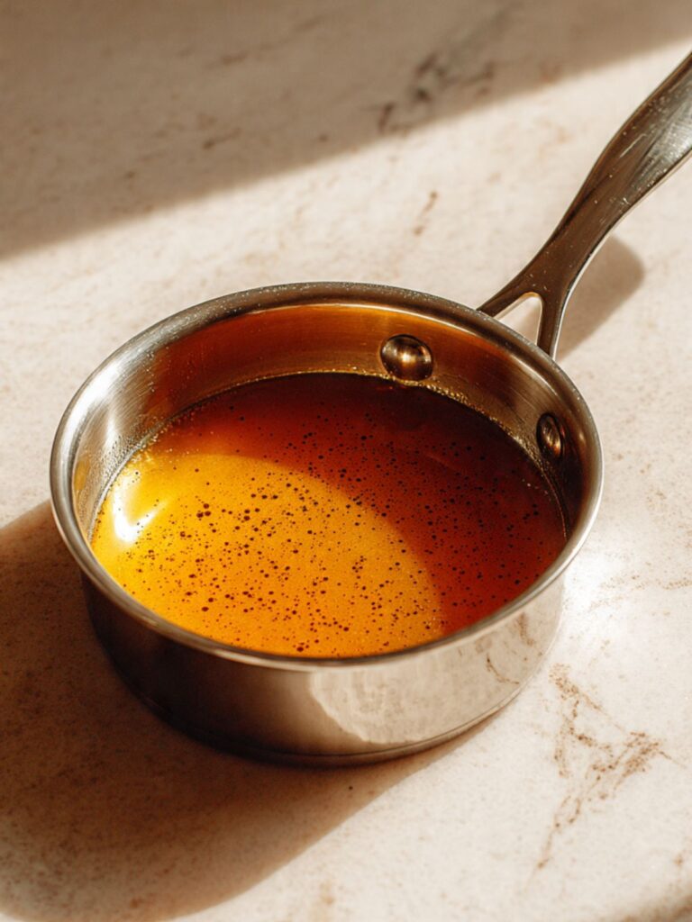 brown butter in light saucepan with deep amber milk solids and nutty aroma for sourdough chocolate chip cookies
