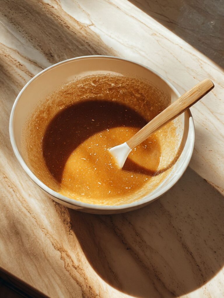 dark brown sugar and granulated sugar mixed into cooled brown butter in large mixing bowl for sourdough chocolate chip cookies