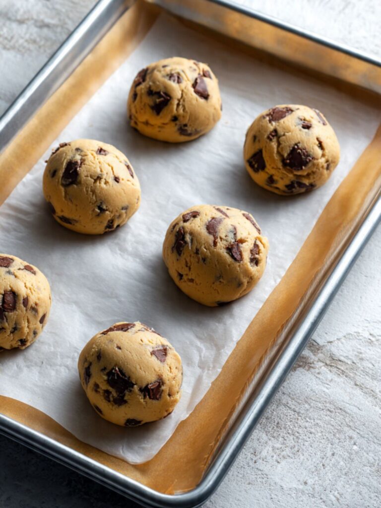 sourdough chocolate chip cookie dough balls portioned on parchment lined baking sheet with chocolate chunks pressed on top