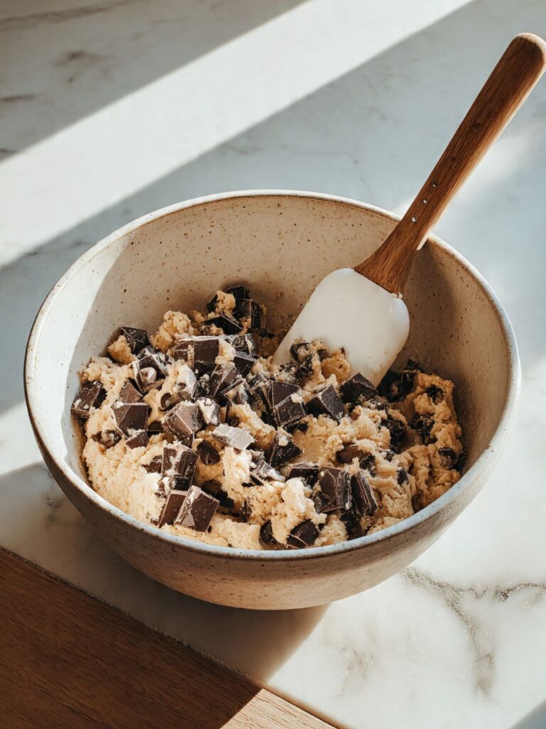 sourdough chocolate chip cookie dough studded with dark chocolate chunks in mixing bowl before chilling