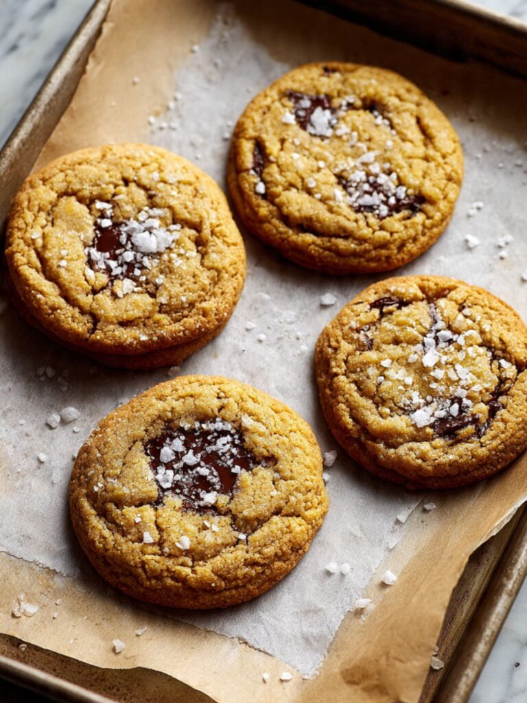 freshly baked sourdough chocolate chip cookies on parchment with flaked sea salt just applied, golden amber edges