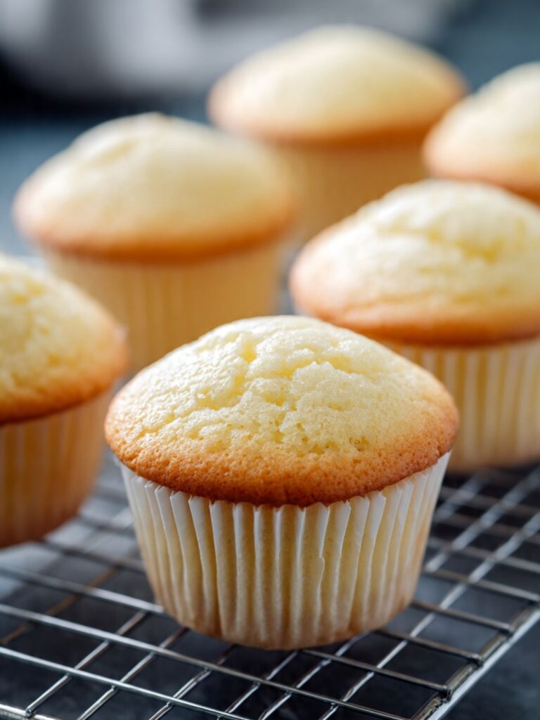 freshly baked strawberry crunch cupcake bases cooling on a wire rack with pale golden domed tops