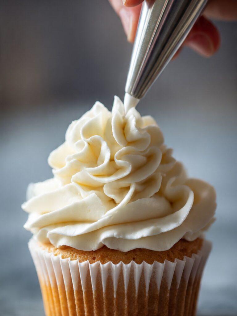 piping thick vanilla buttercream frosting onto strawberry crunch cupcake using large open star piping tip