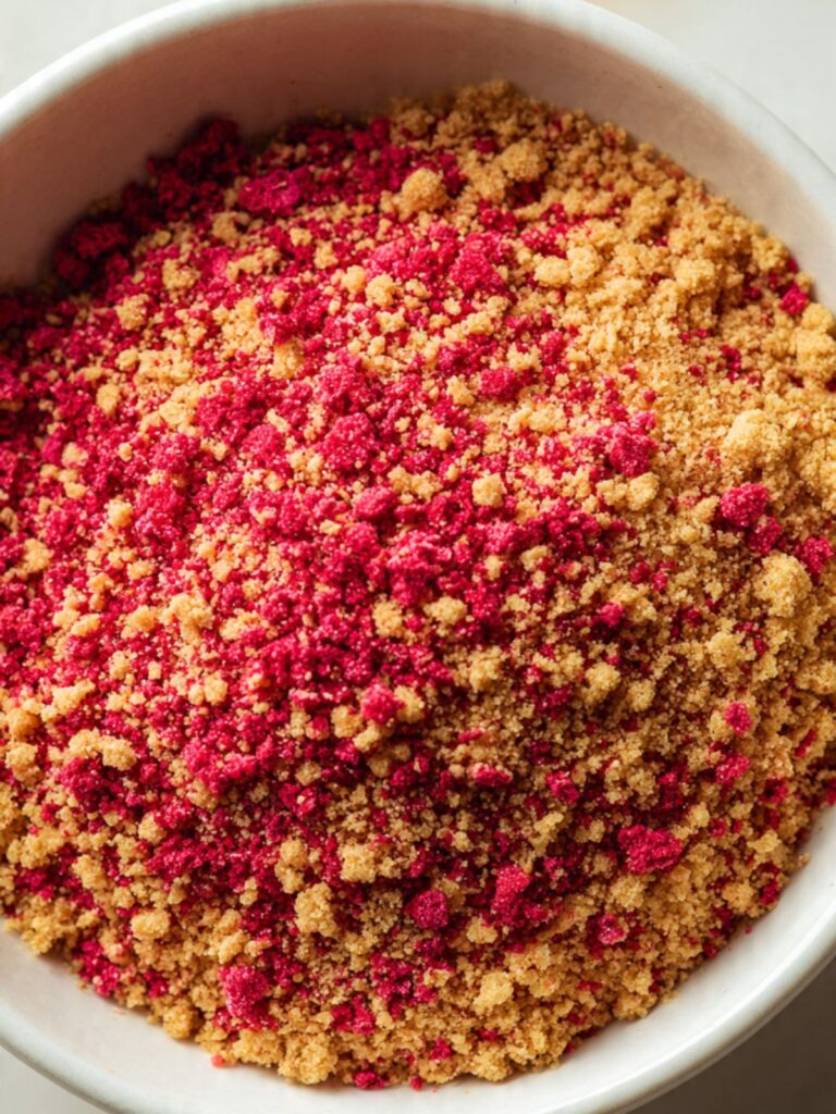 two-tone strawberry crunch topping mixture of golden cookie crumbs and freeze-dried strawberry crumbs in white bowl