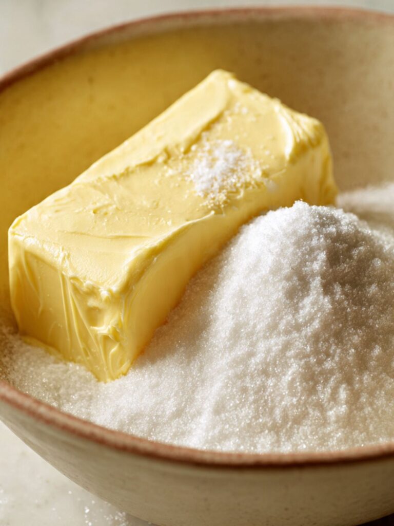 Softened butter and granulated sugar in mixing bowl before creaming for sugar cookies recipe