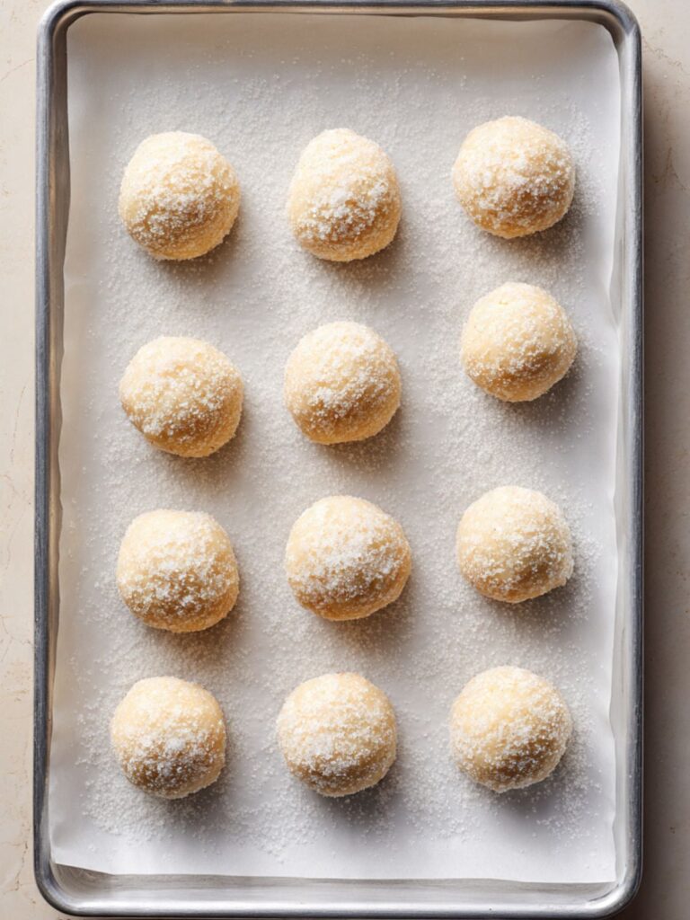 Sugar cookie dough balls rolled in granulated sugar spaced on parchment lined baking sheet before oven