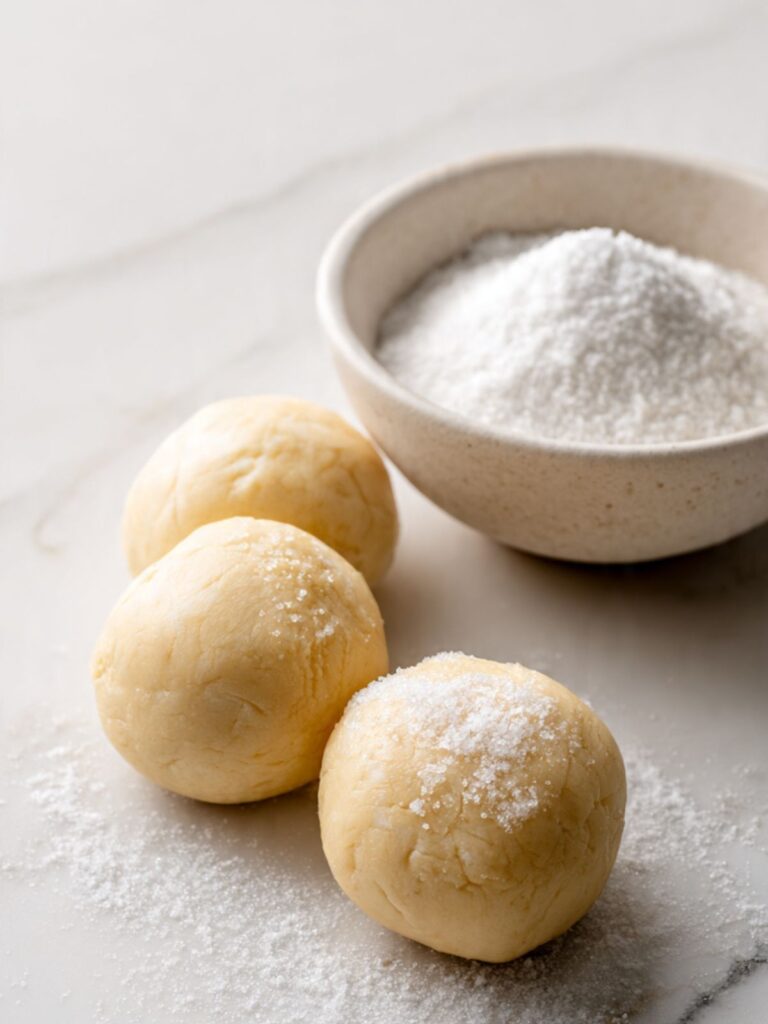 Sugar cookie dough balls being rolled in granulated sugar in small white bowl before baking