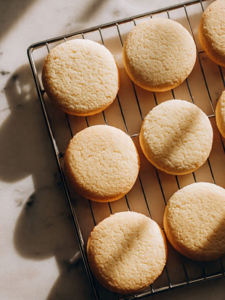 unfrosted sugar cookies cooling on a wire rack showing pale golden domed tops before frosting