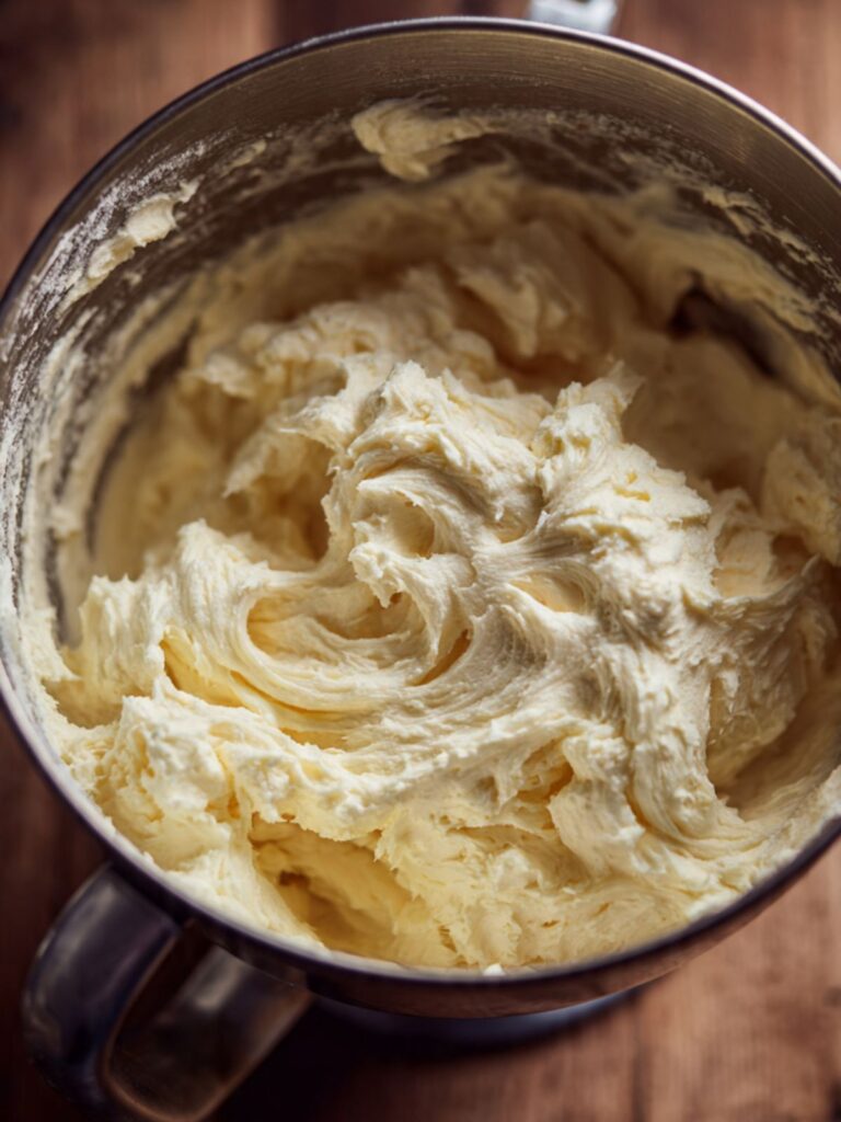 stand mixer bowl showing pale ivory creamed butter and sugar at the correct fluffy stage for soft sugar cookies