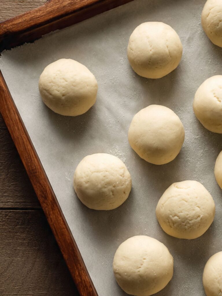 sugar cookie dough balls portioned on parchment-lined baking sheet spaced 2 inches apart ready to bake