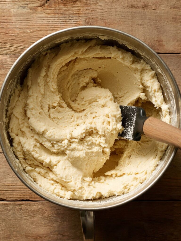 thick smooth sugar cookie dough in a stand mixer bowl showing correct soft consistency before portioning