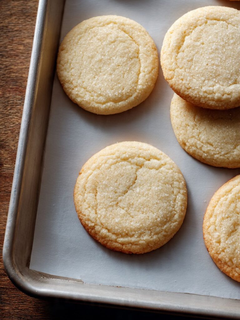 freshly baked sugar cookies on parchment-lined baking sheet just pulled from oven showing set edges and soft centers