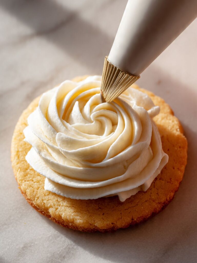 piping bag with Wilton 1M tip applying vanilla buttercream rosette swirl onto a cooled sugar cookie