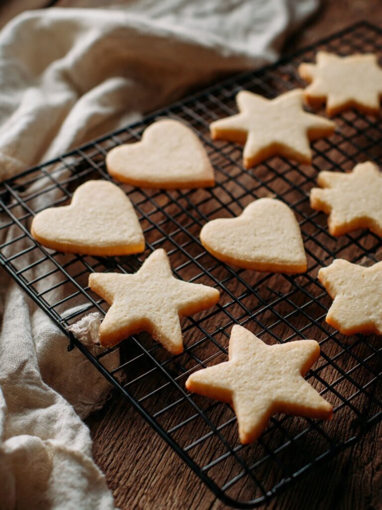 Freshly baked sugar free sugar cookies in heart and star shapes cooling on a wire rack, pale cream color with lightly set edges