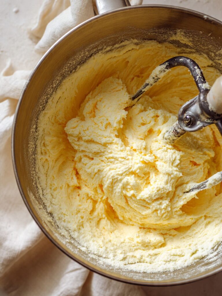 Creamed butter and erythritol mixture in a stand mixer bowl, pale yellow and slightly fluffy, paddle attachment visible