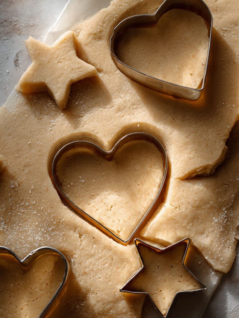 Sugar free sugar cookie dough rolled to even thickness on parchment paper with heart and star cookie cutters pressed into the surface