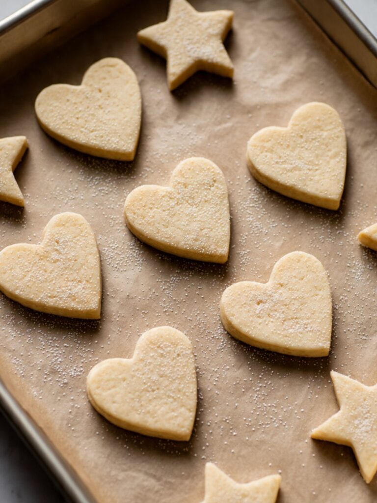 Unbaked sugar free sugar cookies in heart and star shapes arranged on a parchment-lined light aluminum baking sheet, lightly dusted with erythritol