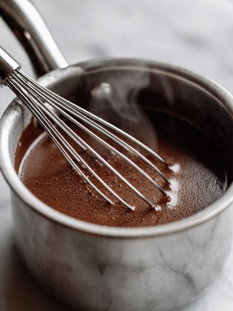 warm chocolate butter and cocoa mixture in saucepan glossy and smooth for texas sheet cake batter